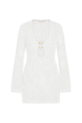 Front view of Montego Mini Dress in Optic White showcasing plunging neckline with center gold ring and petit crochet knit