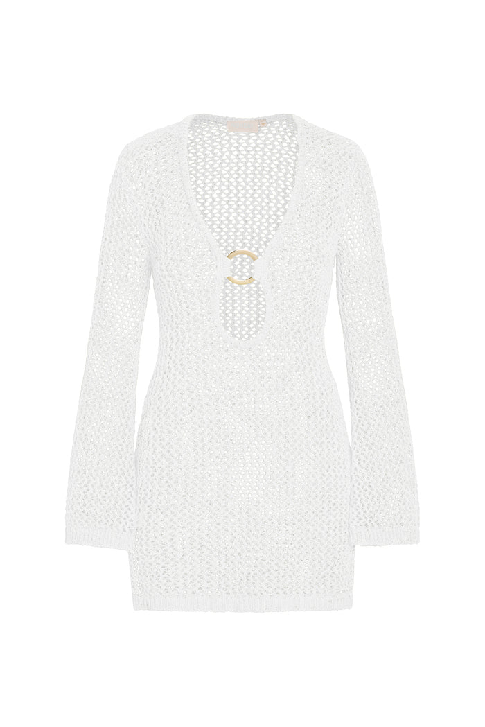 Front view of Montego Mini Dress in Optic White showcasing plunging neckline with center gold ring and petit crochet knit