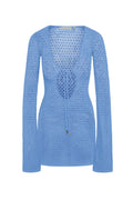 Front of Montego Mini Tie Dress in azure lace crochet, fitted, long sleeves, keyhole tie neckline on white background