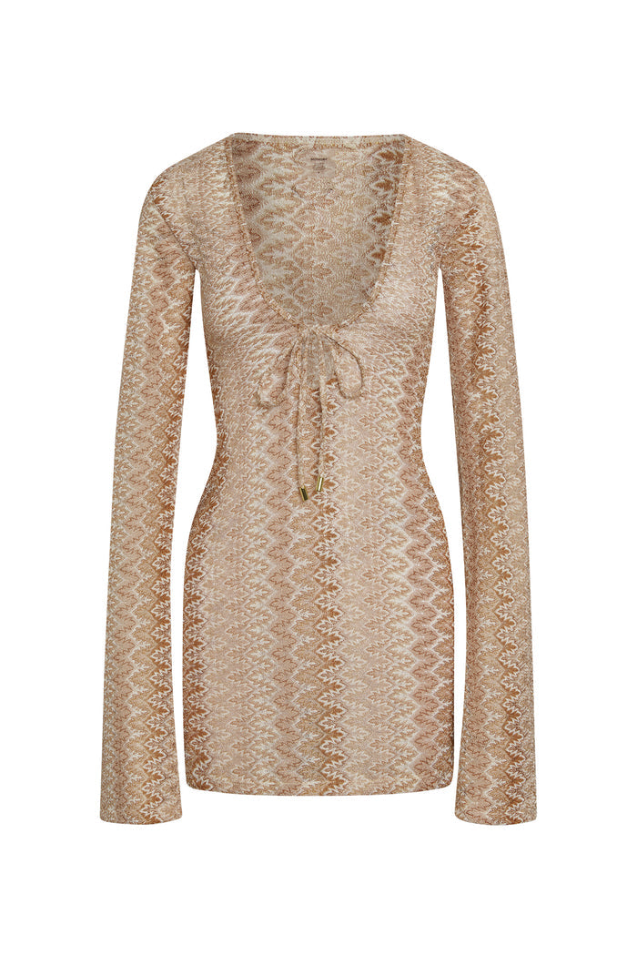 Front of Montego Mini Tie Dress, Porto Cervo Gold, deep V-neck with front tie, long sleeves, fitted mini on white background