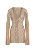 Front of Montego Mini Tie Dress, Porto Cervo Gold, deep V-neck with front tie, long sleeves, fitted mini on white background