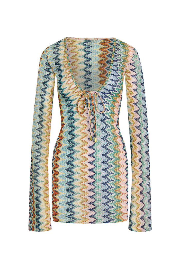 Front of Montego Mini Tie Dress Porto Cervo multi with deep scoop neck, front tie, long sleeves on white background