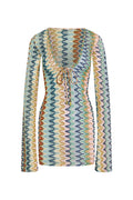 Front of Montego Mini Tie Dress Porto Cervo multi with deep scoop neck, front tie, long sleeves on white background