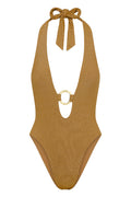 Front view of Montego One Piece in Antique Gold Lurex Rib showcasing plunging halter and gold O-ring on white