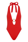 Close-up front view of Montego One Piece in Chili Pepper showcasing plunging halter neckline, gold center ring detail, and high-cut leg on white background