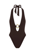 Brown halter one-piece swimsuit with deep V neckline and circular gold ring accent at center front.