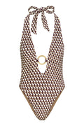 Front close-up of Montego One Piece Husk Geo showing halter V-plunge, gold O-ring and brown geometric print