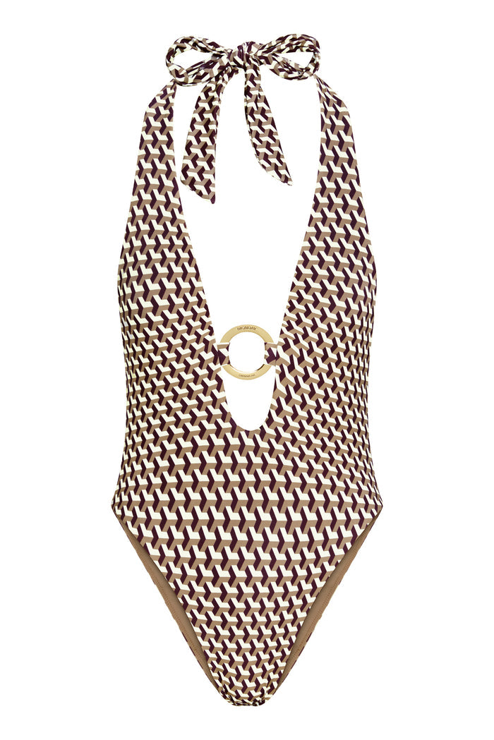 Front close-up of Montego One Piece Husk Geo showing halter V-plunge, gold O-ring and brown geometric print