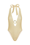 Halter one-piece swimsuit, ivory geometric print, deep V neckline with tied neck and gold decorative ring at center chest.