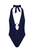 Front view of Montego one-piece swimsuit in midnight crinkle with deep V halter and gold O-ring on white background