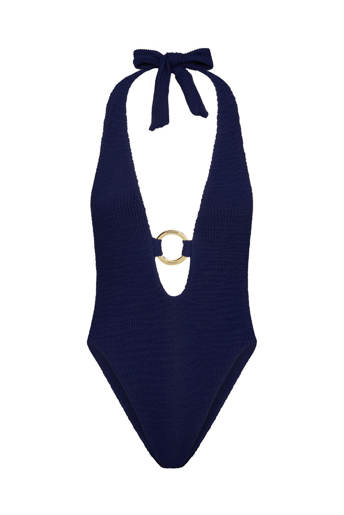 Front view of Montego one-piece swimsuit in midnight crinkle with deep V halter and gold O-ring on white background