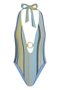 Front close-up of Montego One Piece - Sardinia Stripe Azure showcasing plunging halter with tied bow and gold O-ring on white