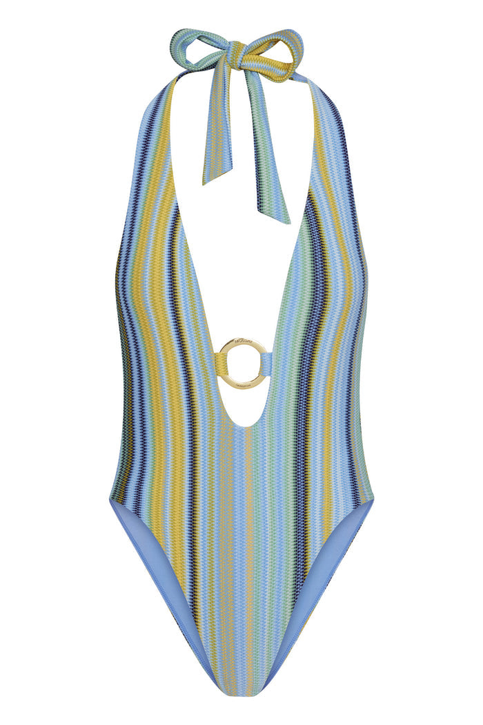 Front close-up of Montego One Piece - Sardinia Stripe Azure showcasing plunging halter with tied bow and gold O-ring on white