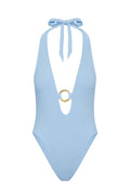 Front view of Montego one-piece swimsuit in sky rib with plunging halter, tie straps and gold ring accent on white background