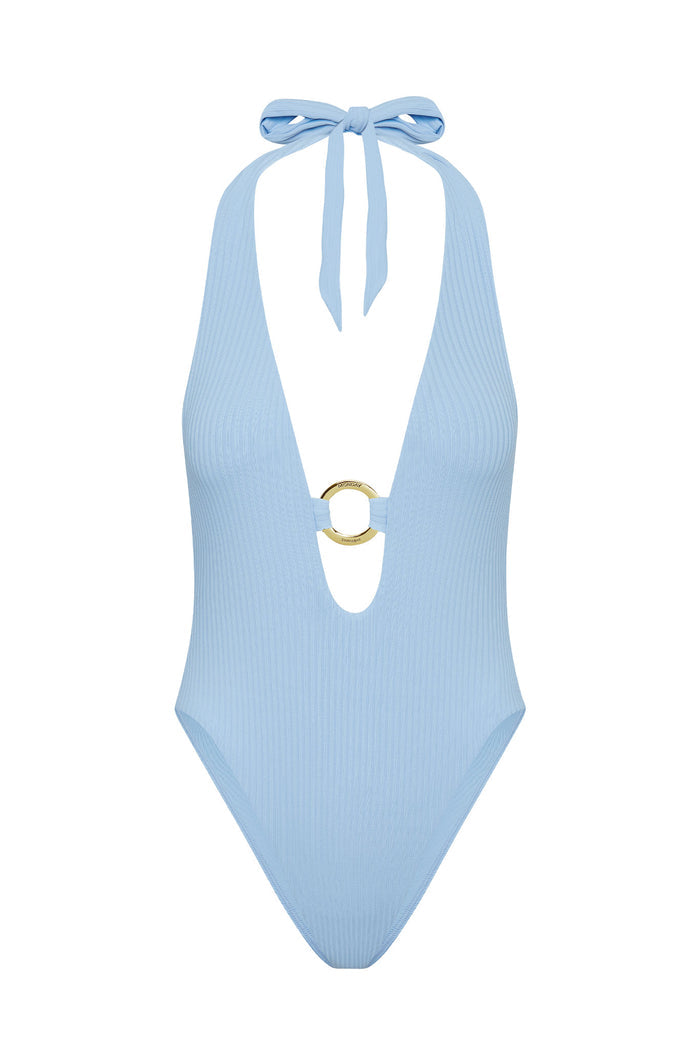 Front view of Montego one-piece swimsuit in sky rib with plunging halter, tie straps and gold ring accent on white background