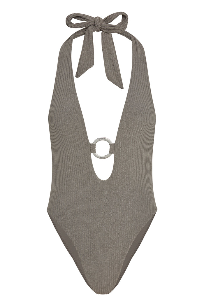 Front view of Montego one-piece in steel lurex rib with halter plunge and center metal Monday ring, high-leg cheeky fit