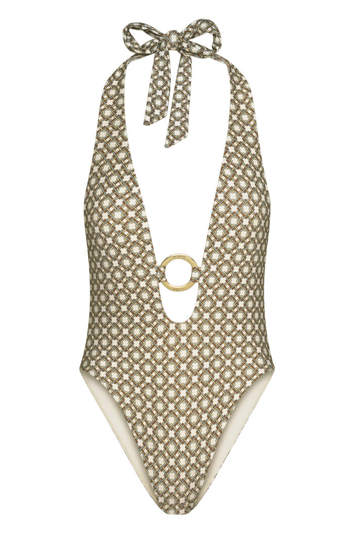 Front of Montego One Piece showing tile-geo print, halter V-neck with tie and gold O-ring on white background