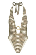 Front of Montego One Piece showing tile-geo print, halter V-neck with tie and gold O-ring on white background
