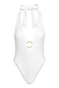 Front view of Montego One Piece in white rib showing halter plunge with tied straps and gold branded ring at center front on white background