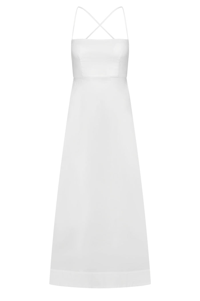 White floor-length dress with straight neckline and crossed spaghetti straps