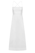 White floor-length dress with straight neckline and crossed spaghetti straps