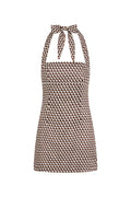Front view of Montserrat Mini Dress in Husk Geo print showcasing halter neck tie and fitted silhouette on white background