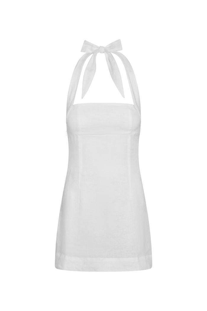 Front view of Montserrat Mini Dress in white linen showcasing square neckline, halter tie and fitted bodice on white background