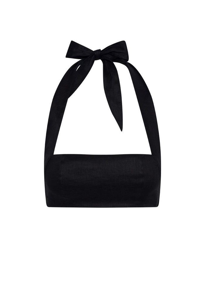 Black halter bikini top with tied bow at the neckline