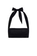 Black halter bikini top with tied bow at the neckline