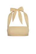 Front view of Montserrat Top in raffia linen showing bandeau shape and tied halter bow straps on white background