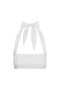 Front close-up of Montserrat Top - White Linen showcasing square neckline, tied halter straps, and cropped lined bust on white background
