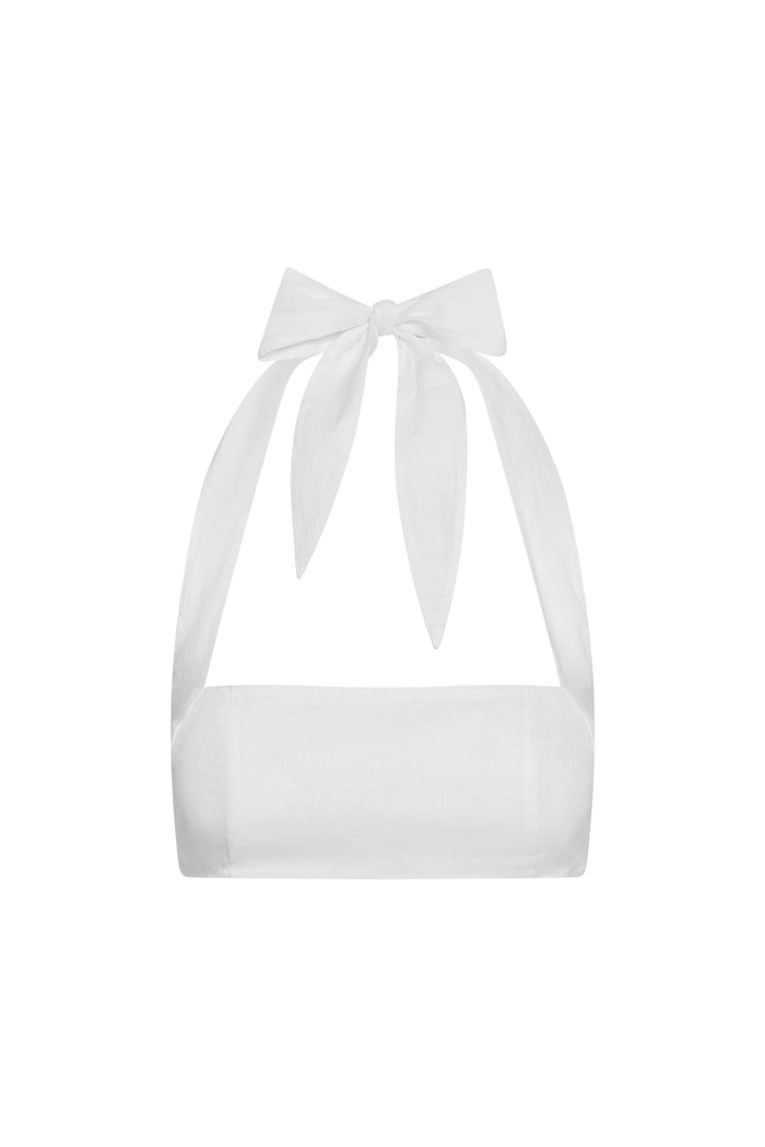 Front close-up of Montserrat Top - White Linen showcasing square neckline, tied halter straps, and cropped lined bust on white background