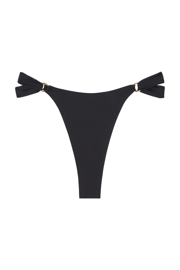 Front view of Morocco Bottom in black showing high-cut thong shape and knotted side ties with gold rings on white background
