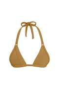 Front view of Morocco Top - Antique Gold Lurex Rib showcasing ribbed lurex fabric, halter tie and triangle cups on white background
