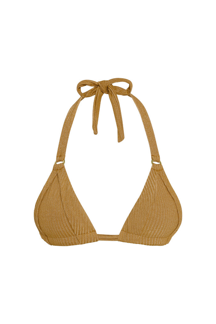Front view of Morocco Top - Antique Gold Lurex Rib showcasing ribbed lurex fabric, halter tie and triangle cups on white background