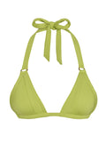Front view of Morocco Top in Apple showcasing pleated triangle cups, gold ring hardware and tied halter straps on white