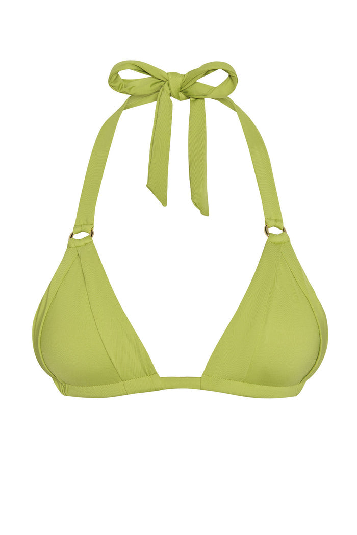 Front view of Morocco Top in Apple showcasing pleated triangle cups, gold ring hardware and tied halter straps on white