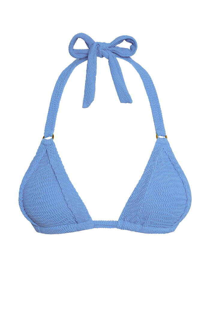 Front of Morocco Top in Azure Crinkle showing triangle halter cups, crinkle texture, tied neck straps and gold rings on white