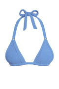 Front of Morocco Top in Azure Crinkle showing triangle halter cups, crinkle texture, tied neck straps and gold rings on white