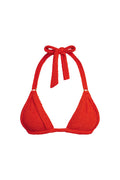 Front close-up of Morocco Top in Chili Pepper Crinkle showing pleated triangle cups, halter neck tie and gold ring hardware on white background