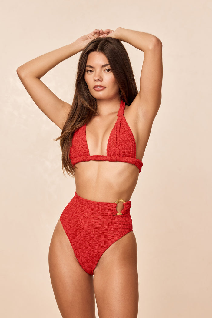 Front view of Morocco Top in chili pepper crinkle showing pleated cups and halter tie on neutral background