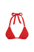 Front view of Morocco Top in Chili Pepper showing pleated cups, gold ring hardware, and halter tie straps on white