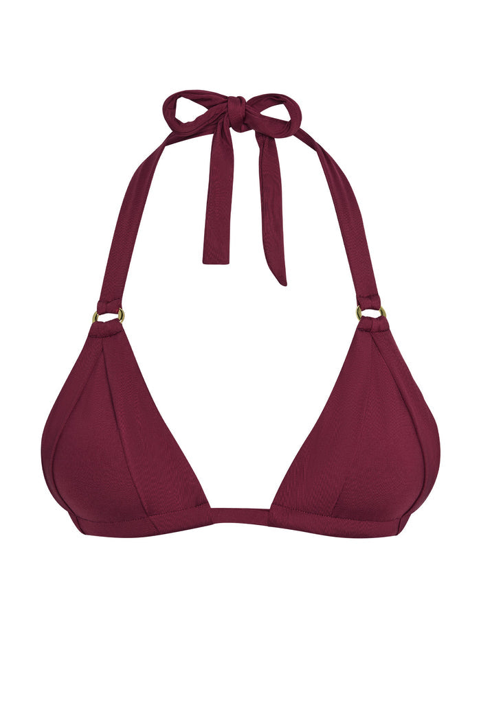 Front view of Morocco Top bikini in fig showcasing pleated cups, gold ring hardware and halter ties on white background