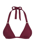 Front view of Morocco Top bikini in fig showcasing pleated cups, gold ring hardware and halter ties on white background