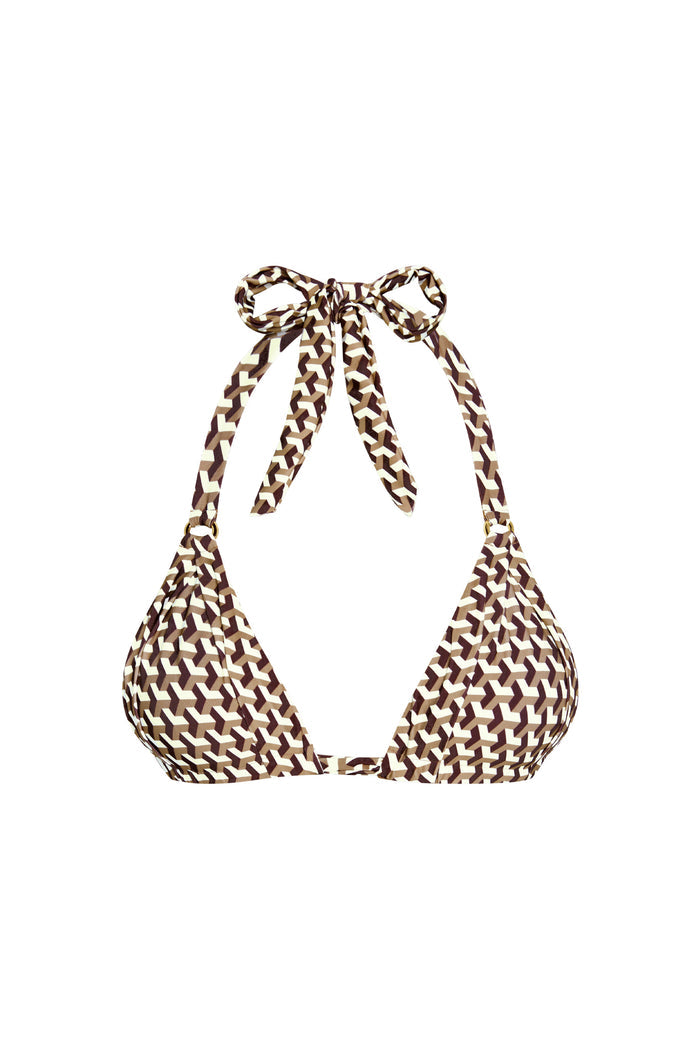 Front view of Morocco Top bikini halter showcasing brown Husk Geo geometric print and tie neck straps on white background