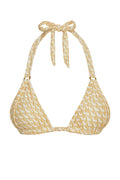 Front close-up of Morocco Top Ivory Geo showing triangle cups, halter tie bow, gold ring hardware on white background