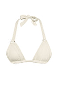 Front close-up of Morocco Top in Ivory showing ruched triangle cups and halter tie bow on white background