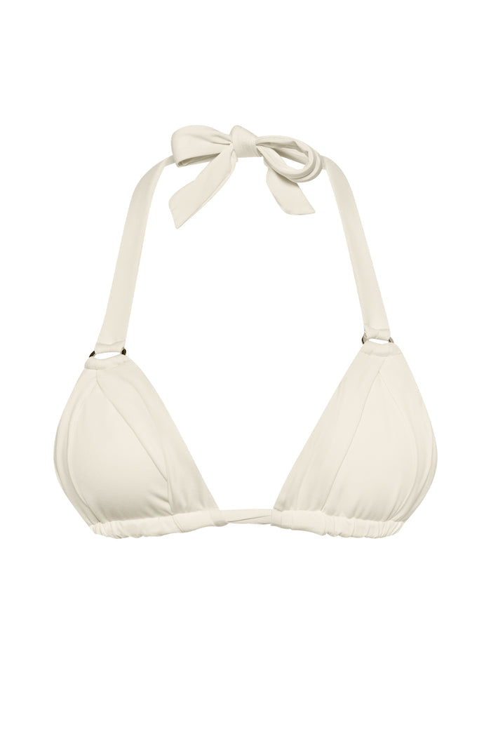 Front close-up of Morocco Top in Ivory showing ruched triangle cups and halter tie bow on white background