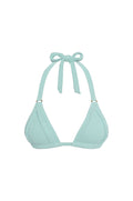 Front view of Morocco top triangle bikini in Light Slate Crinkle showcasing crinkled texture and halter tie on white background