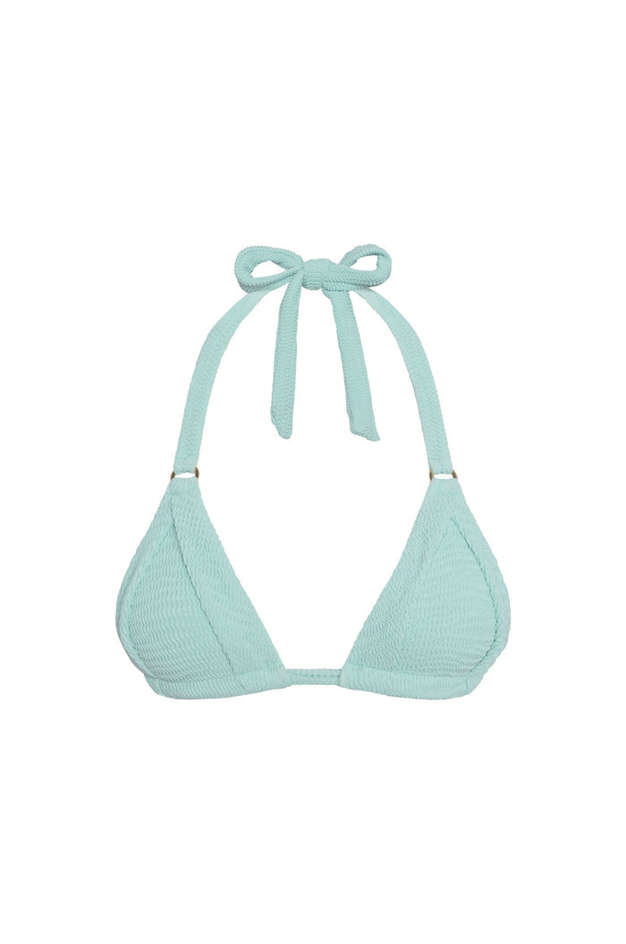 Front view of Morocco top triangle bikini in Light Slate Crinkle showcasing crinkled texture and halter tie on white background